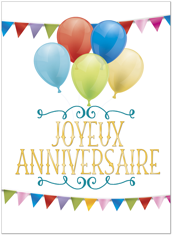 Bright balloons with faux foil text “Joyeux Anniversaire”